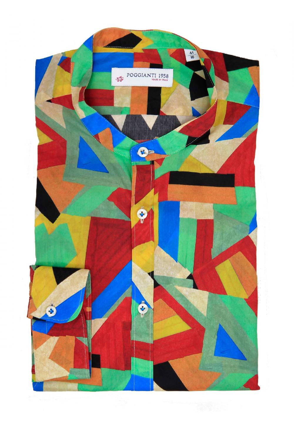Poggianti Camicia fantasia geometrica multicolor, Collo coreano