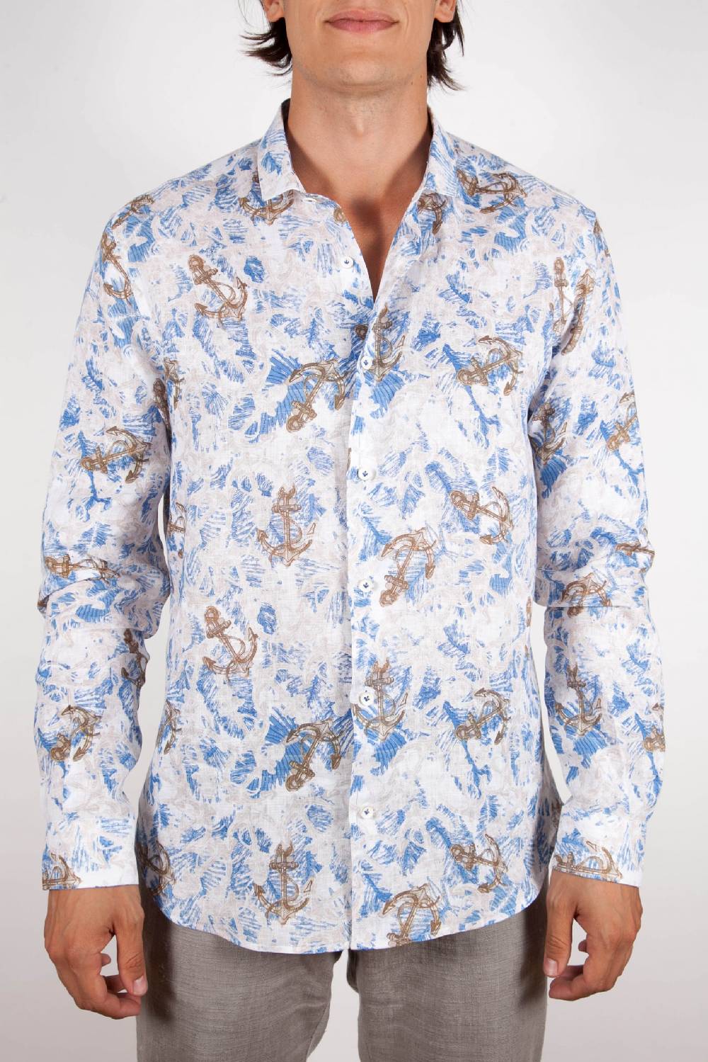 Poggianti Camicia Fantasia Lino Collo Francese 403-01