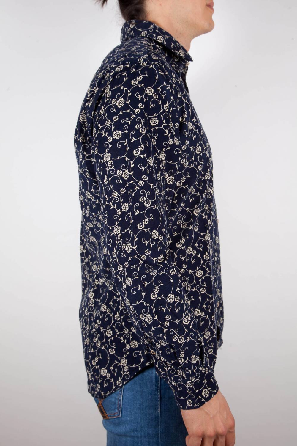 Poggianti Camicia Fantasia Su Riga Blu Collo Italiano