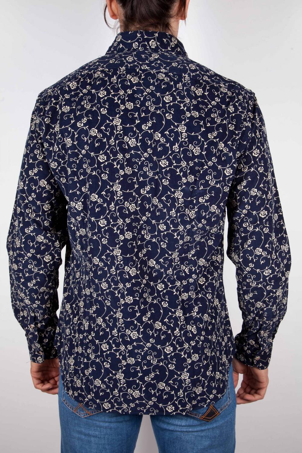 Poggianti Camicia Fantasia Su Riga Blu Collo Italiano