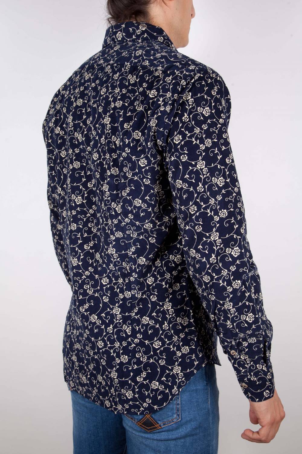 Poggianti Camicia Fantasia Su Riga Blu Collo Italiano