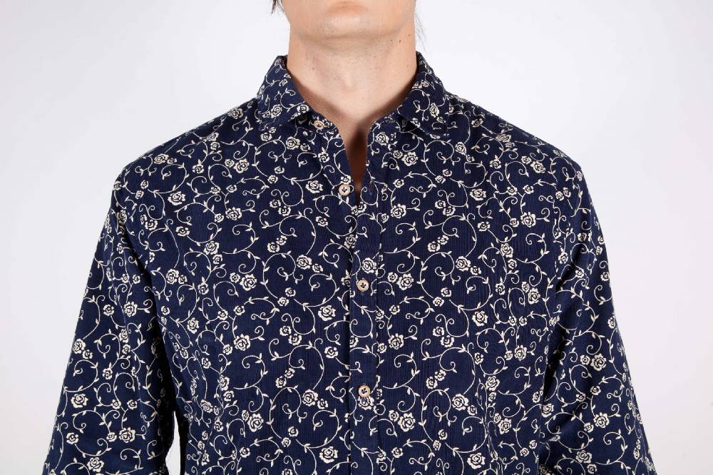 Poggianti Camicia Fantasia Su Riga Blu Collo Italiano