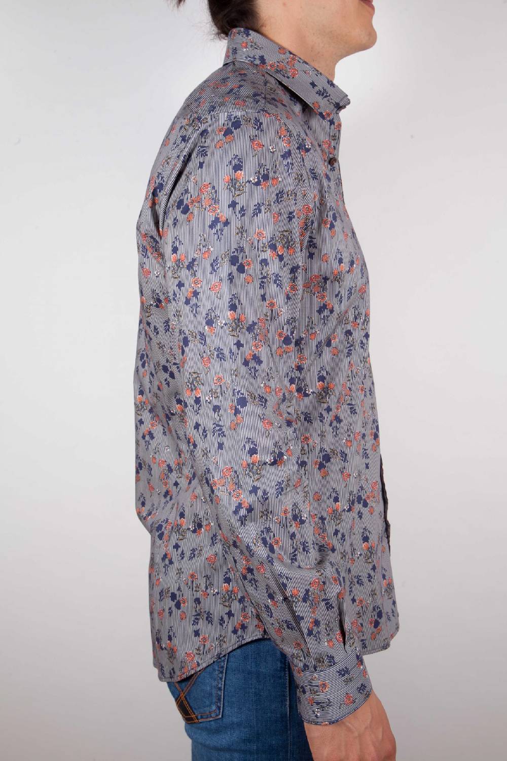 Poggianti Camicia Fantasia Su Riga Blu Collo Italiano