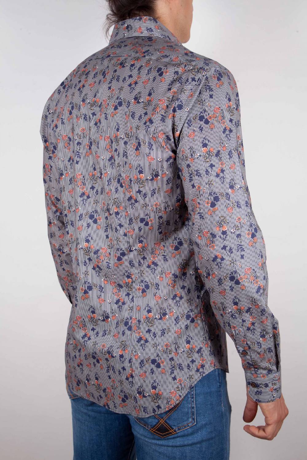 Poggianti Camicia Fantasia Su Riga Blu Collo Italiano