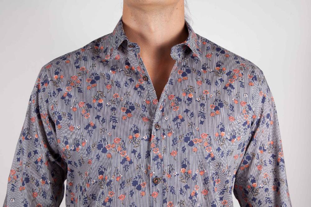 Poggianti Camicia Fantasia Su Riga Blu Collo Italiano