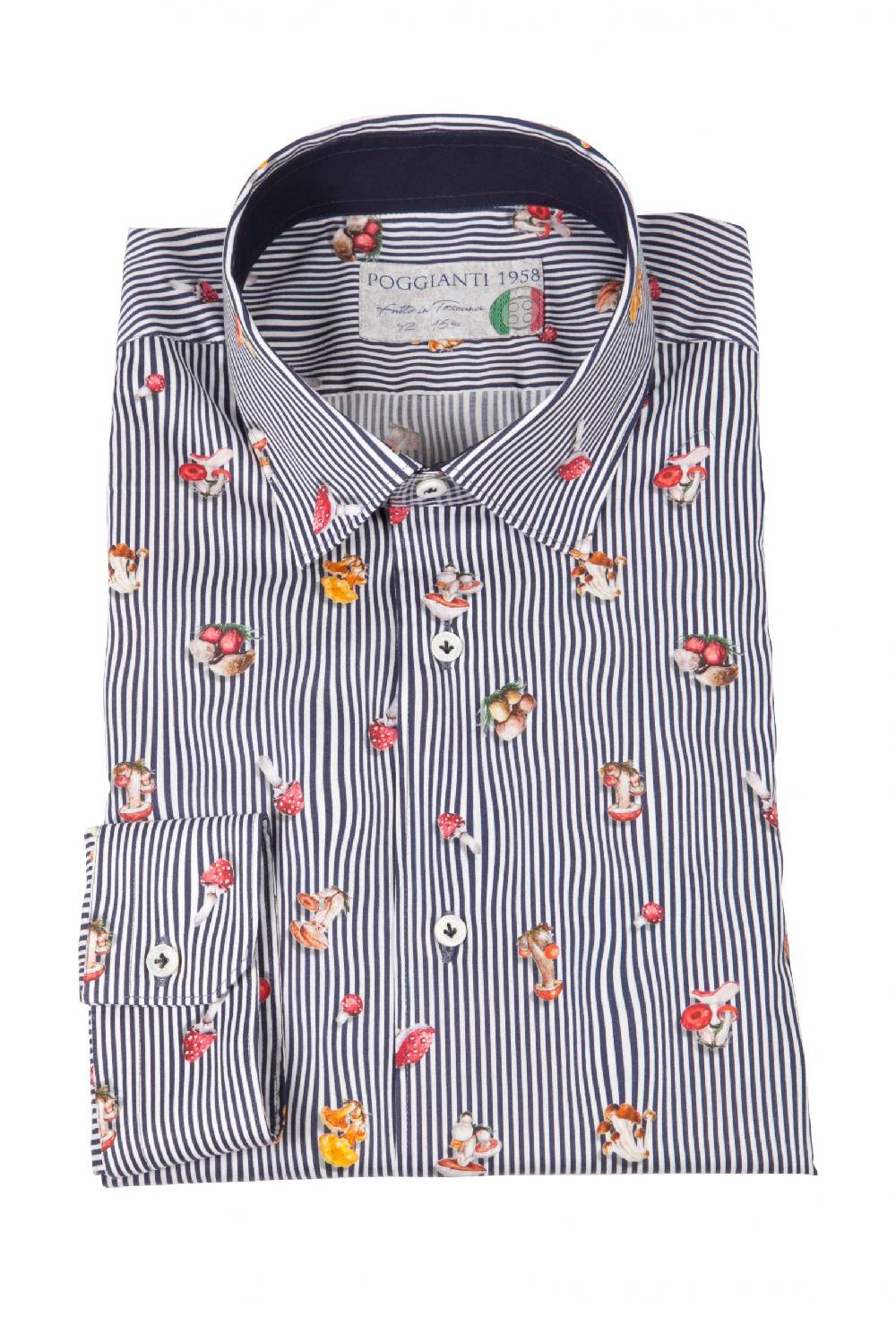 Poggianti Camicia uomo stretch con stampa funghi su riga CALCI-73-136-01