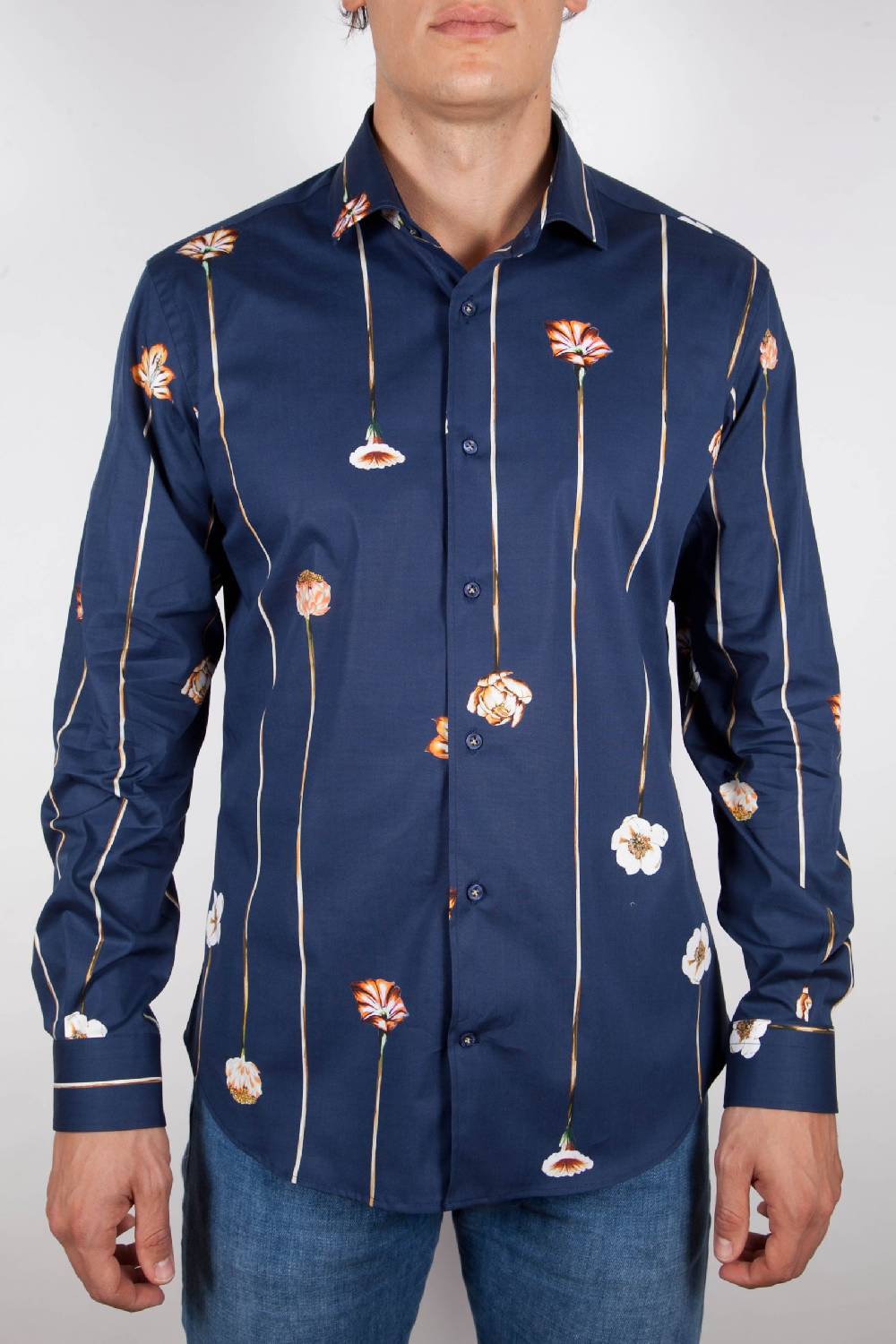 Poggianti Camicia Fantasia Blu Collo Francese