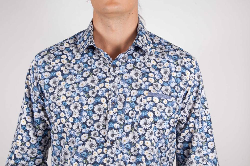 Poggianti Camicia Fantasia Blu Collo Italiano