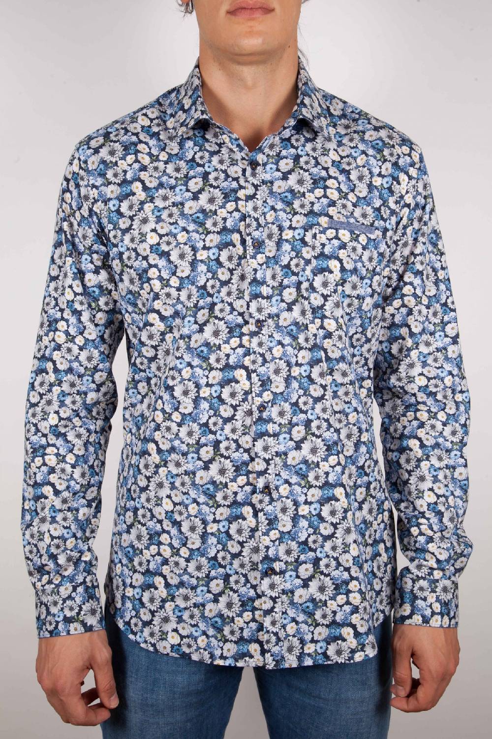 Poggianti Camicia Fantasia Blu Collo Italiano