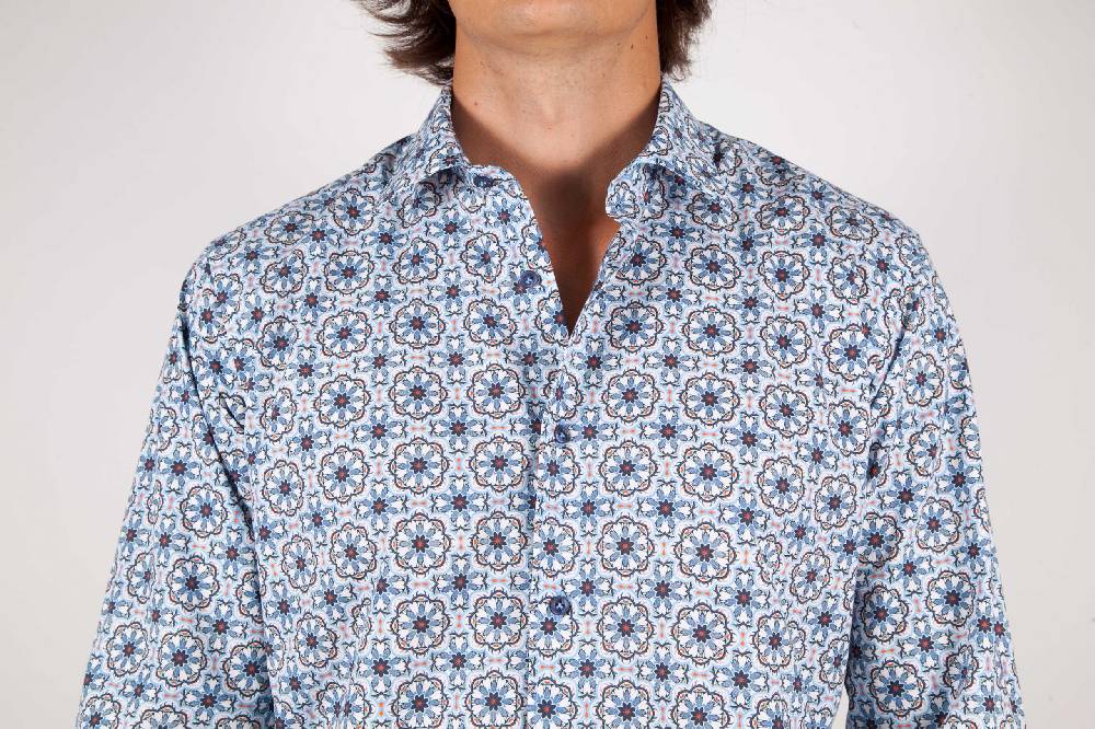 Poggianti Camicia Fantasia Collo Morbido Azzurra
