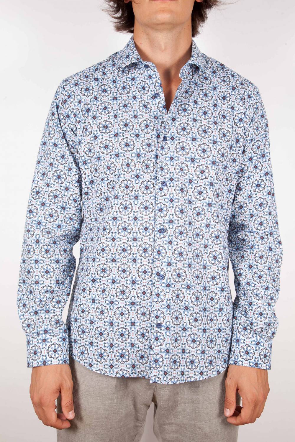 Poggianti Camicia Fantasia Collo Morbido Azzurra