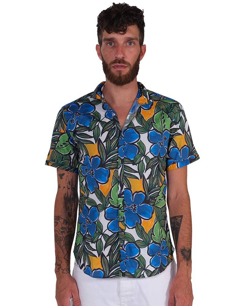 Poggianti Camicia Fantasia Collo Morbido Azzurro