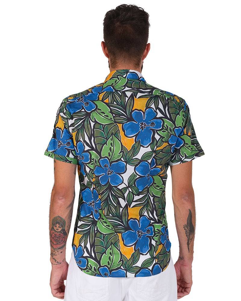 Poggianti Camicia Fantasia Collo Morbido Azzurro