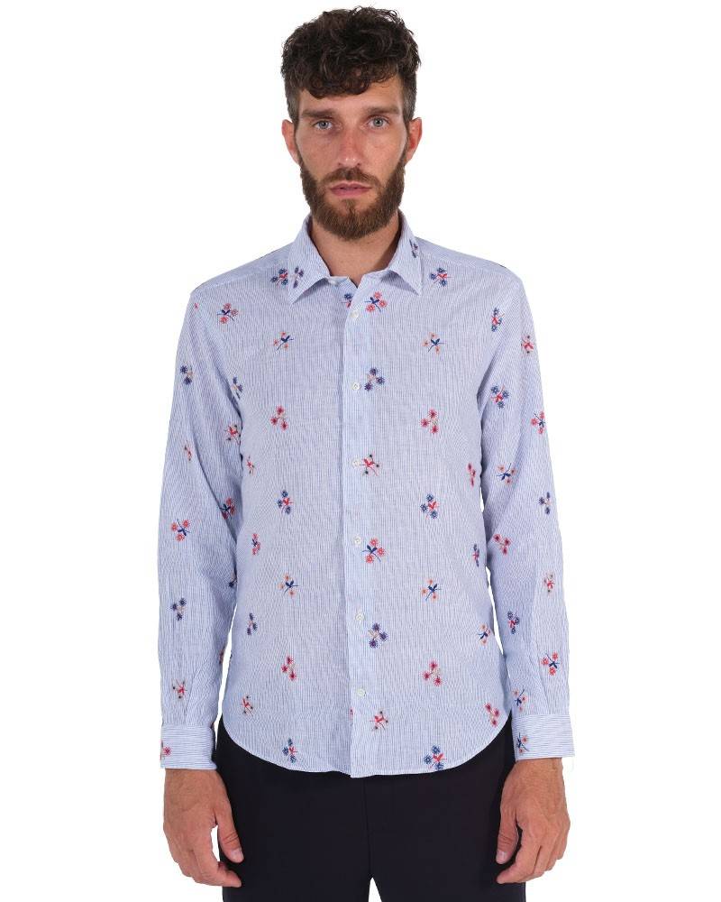 Poggianti Camicia Fantasia Collo Morbido Azzurro