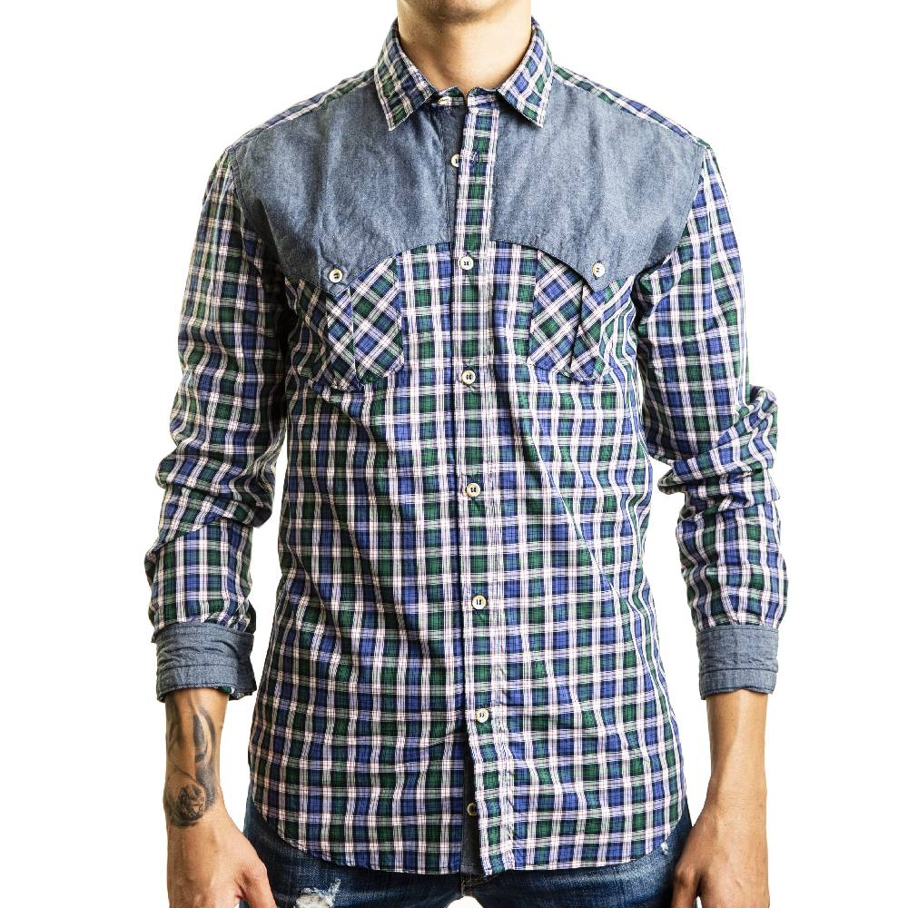 Poggianti Camicia Quadri con contrasti in denim