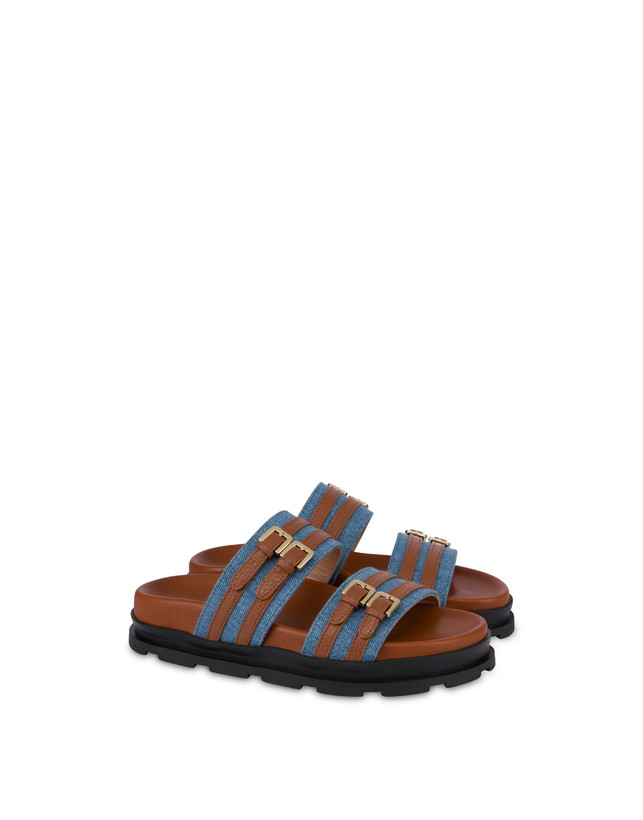 Pollini Ciabatte In Tessuto Denim E Vitello Nikki Denim/wood