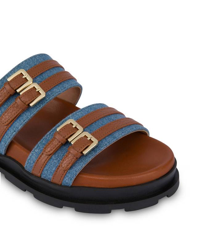 Pollini Ciabatte In Tessuto Denim E Vitello Nikki Denim/wood