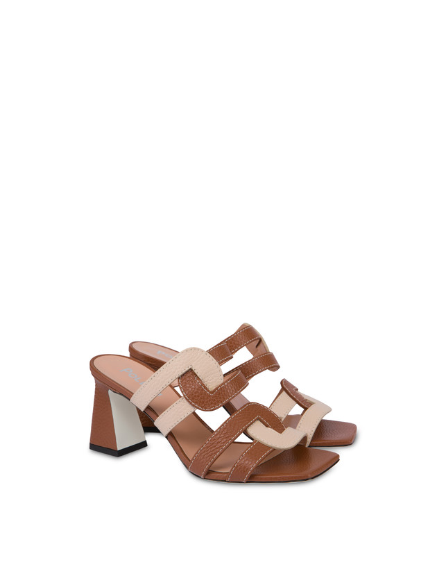 Pollini Mules Con Tacco In Vitello Interlock Wood/sabbia