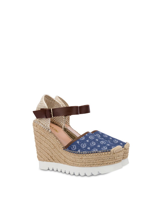 Pollini Sandali Con Zeppa Espadrillas Heritage Denim Jacquard Blu/marrone