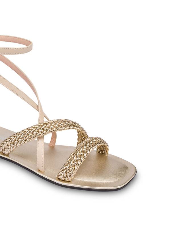 Pollini Sandali Flat In Vitello E Specchio Laminato Italian Savoir Faire Platino/sabbia