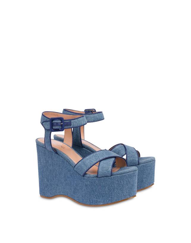 Pollini Sandali In Denim Con Zeppa Capri Denim/navy