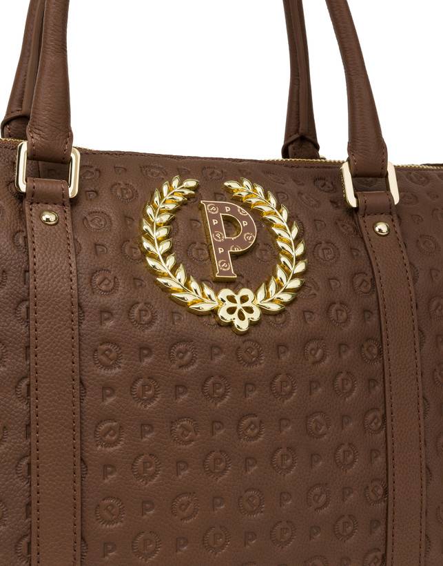 Pollini Shopping Bag Heritage Logo Embossed Marrone