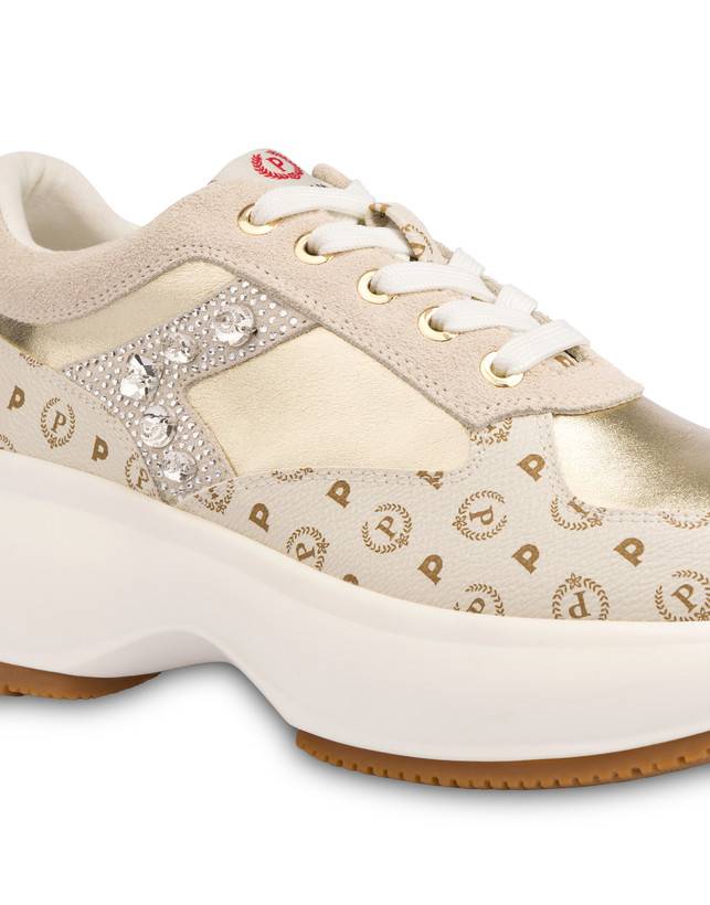 Pollini Sneakers Con Pietre E Strass Forever Avorio/platino