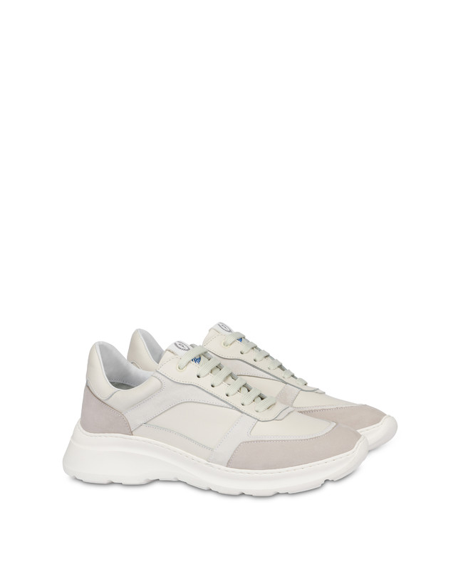 Pollini Sneakers In Vitello, Nabuk E Crosta Roomy Avorio/perla/bianco/bianco/avorio