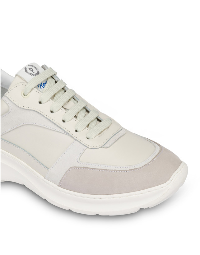 Pollini Sneakers In Vitello, Nabuk E Crosta Roomy Avorio/perla/bianco/bianco/avorio