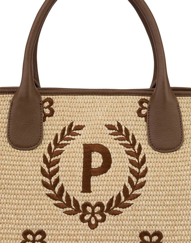 Pollini Tote Bag In Paglia Macro Heritage Medium Naturale/t.moro/marrone