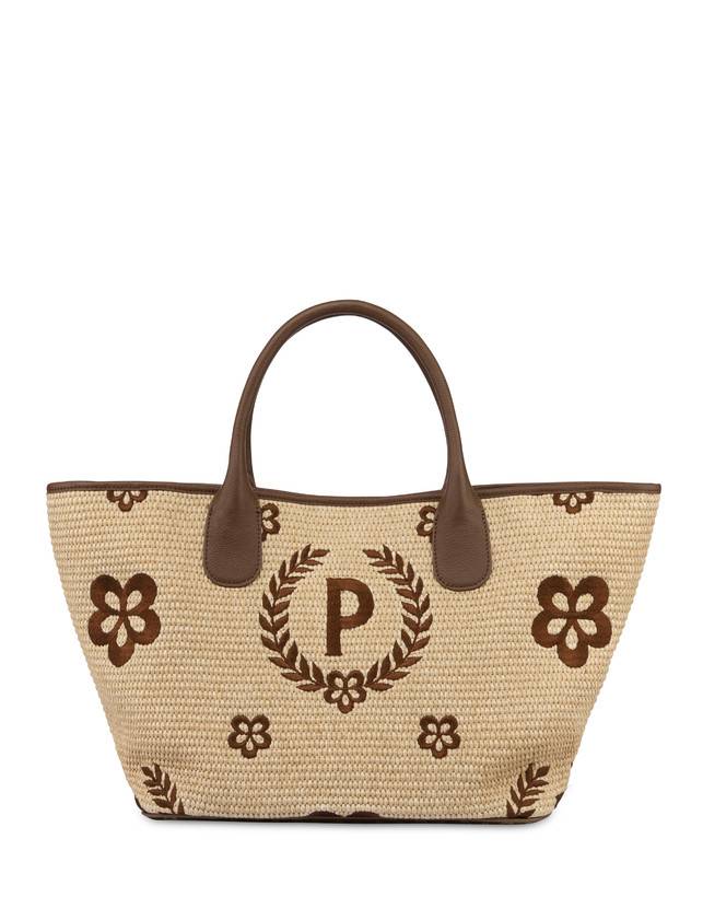 Pollini Tote Bag In Paglia Macro Heritage Medium Naturale/t.moro/marrone