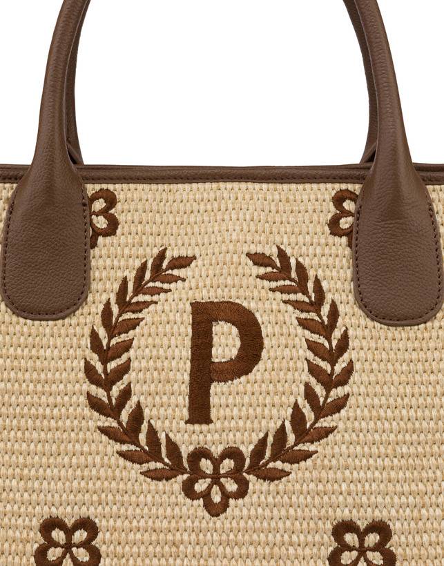 Pollini Tote Bag In Paglia Macro Heritage Small Naturale/t.moro/marrone