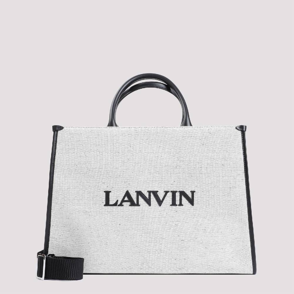 LANVIN  Borsa Shopper Lanvin In Cotone E Lino Grigio Con Rifiniture In Pelle