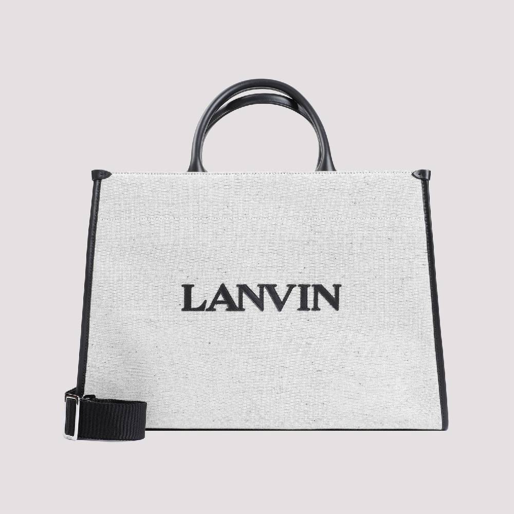 LANVIN  Borsa Shopper Lanvin In Cotone E Lino Grigio Con Rifiniture In Pelle