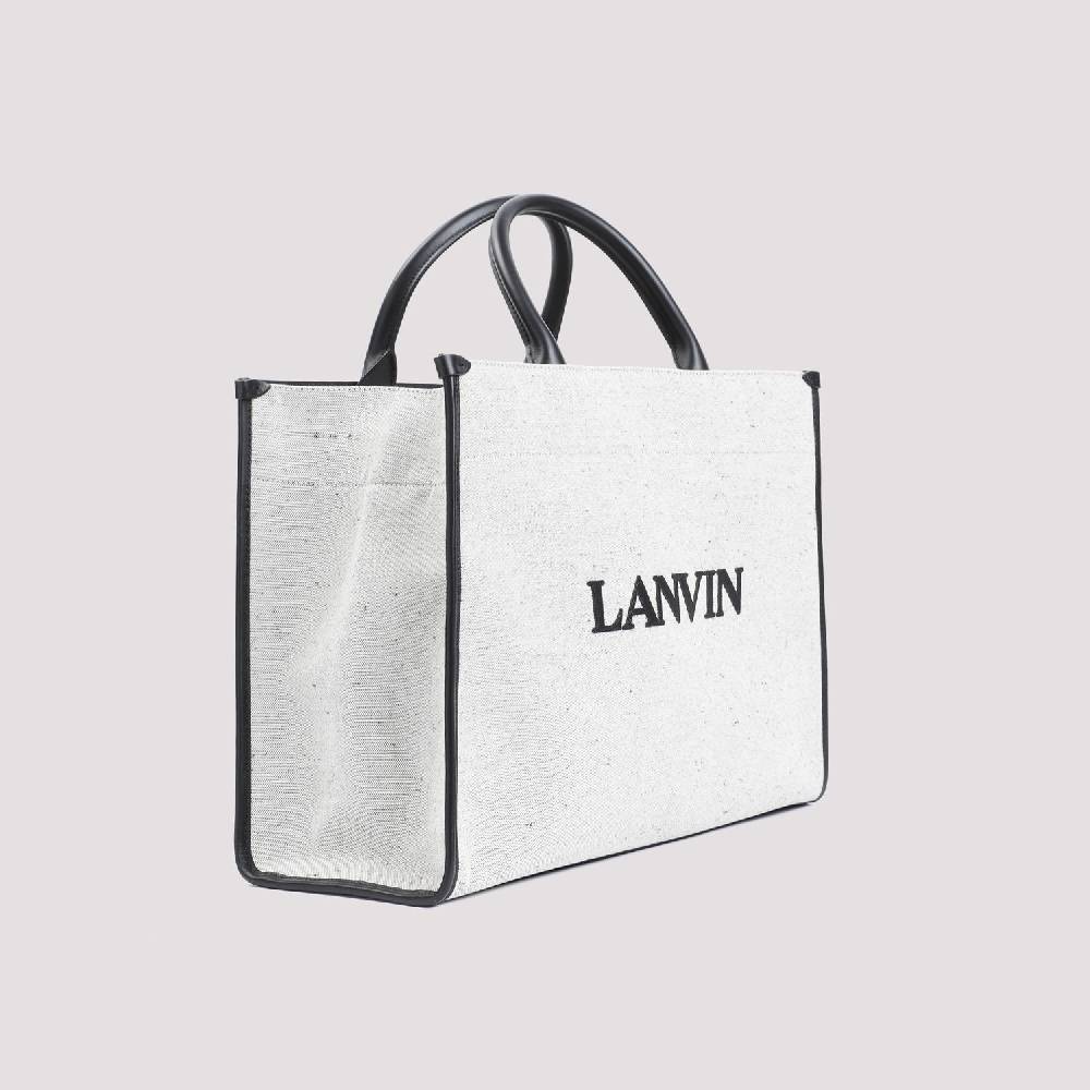 LANVIN  Borsa Shopper Lanvin In Cotone E Lino Grigio Con Rifiniture In Pelle