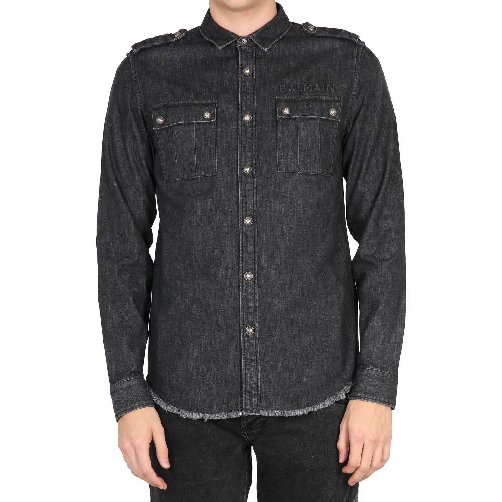 BALMAIN  Camicia Denim Nera Balmain Da Uomo - 100% Cotone Con Frange