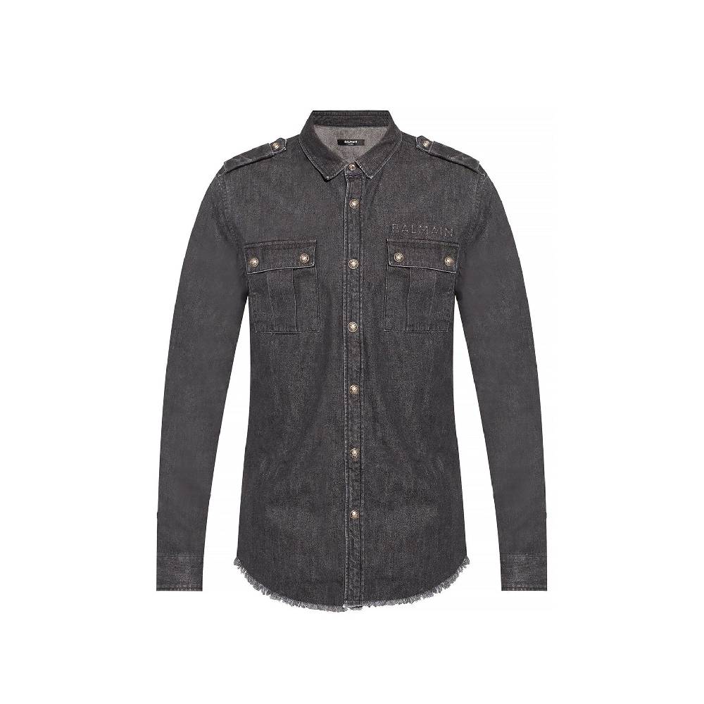 BALMAIN  Camicia Denim Nera Balmain da Uomo - 100% Cotone con Frange