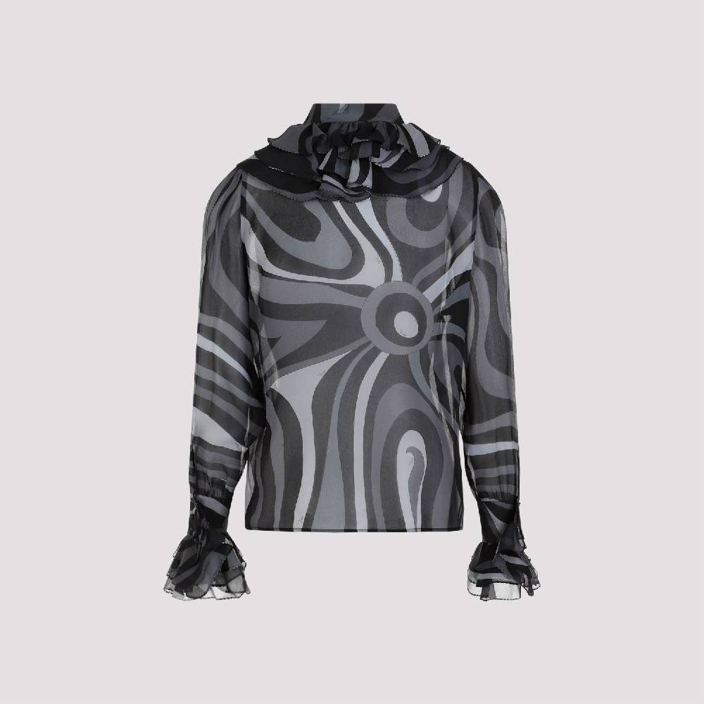 PUCCI  Camicia Di Seta Nera Ruches PUCCI - Eleganza Femminile Con Fantasia Ondulata