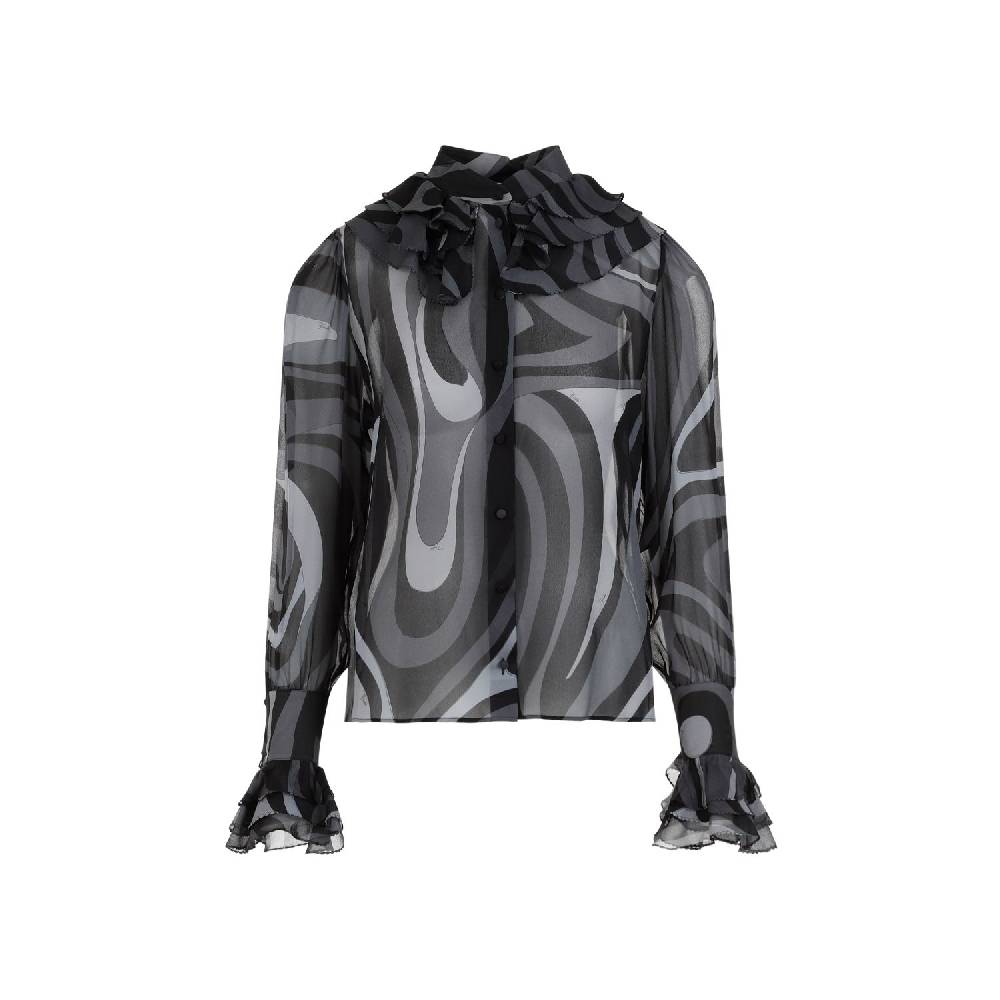 PUCCI  Camicia di Seta Nera Ruches PUCCI - Eleganza Femminile con Fantasia Ondulata