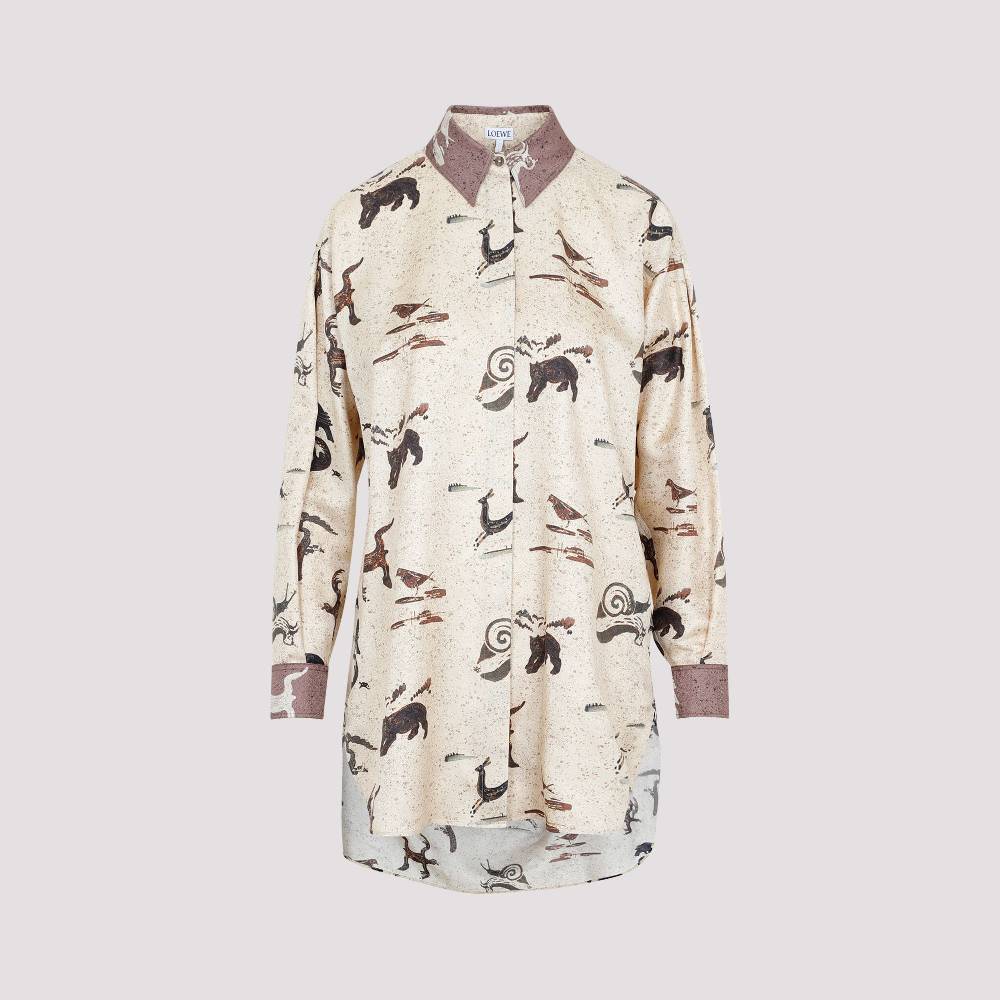 LOEWE  Camicia Oversize Da Donna Loewe In Seta Beige Con Stampa Animalier