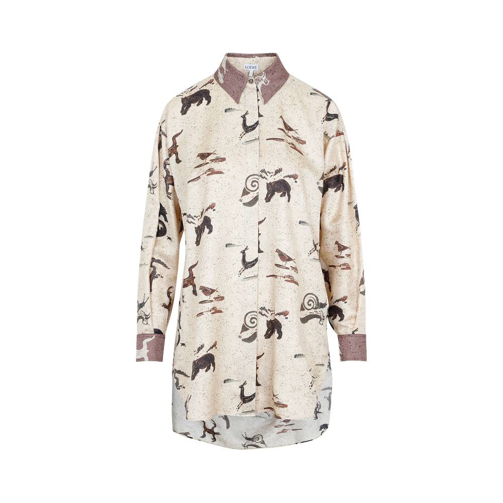 LOEWE  Camicia Oversize da Donna Loewe in Seta Beige con Stampa Animalier