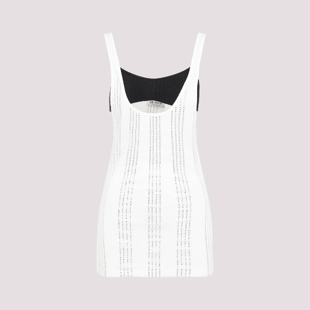 ATTICO  Canotta Attico Bianca In Cotone Costina Con Strisce Di Cristalli