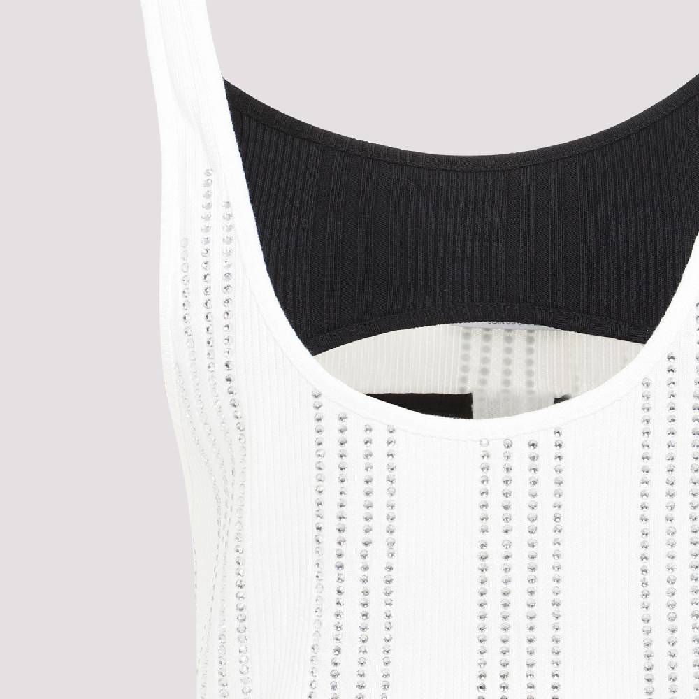 ATTICO  Canotta Attico Bianca In Cotone Costina Con Strisce Di Cristalli