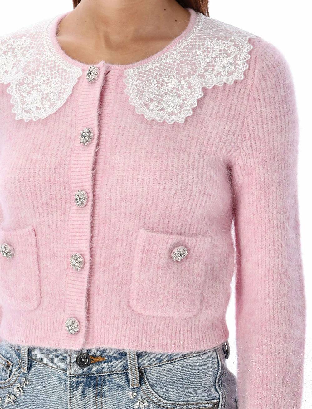 SELF PORTRAIT  Cardigan Angora Rosa Con Colletto In Pizzo Self-Portrait