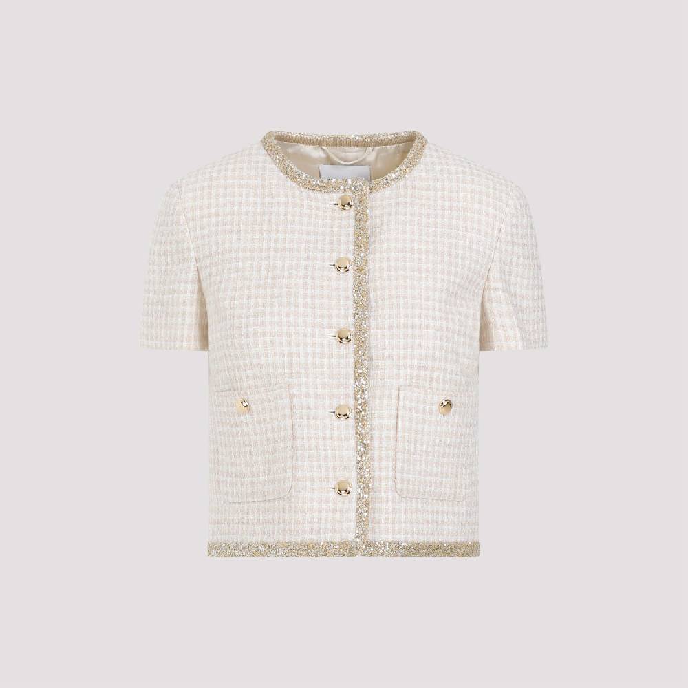 MIU MIU  Giacca In Lana Vergine Pied De Poule Avorio MIU MIU Con Bordo Di Paillettes