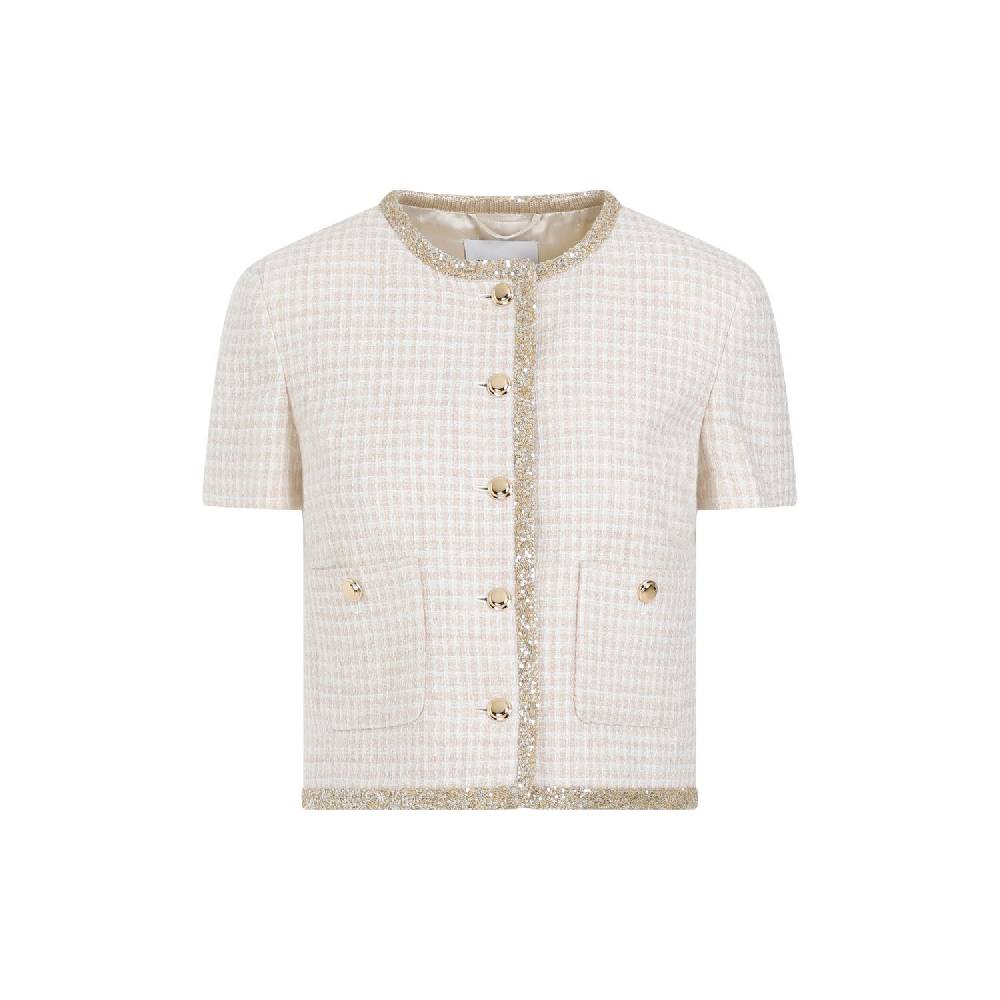 MIU MIU  Giacca in Lana Vergine Pied de Poule Avorio MIU MIU con Bordo di Paillettes
