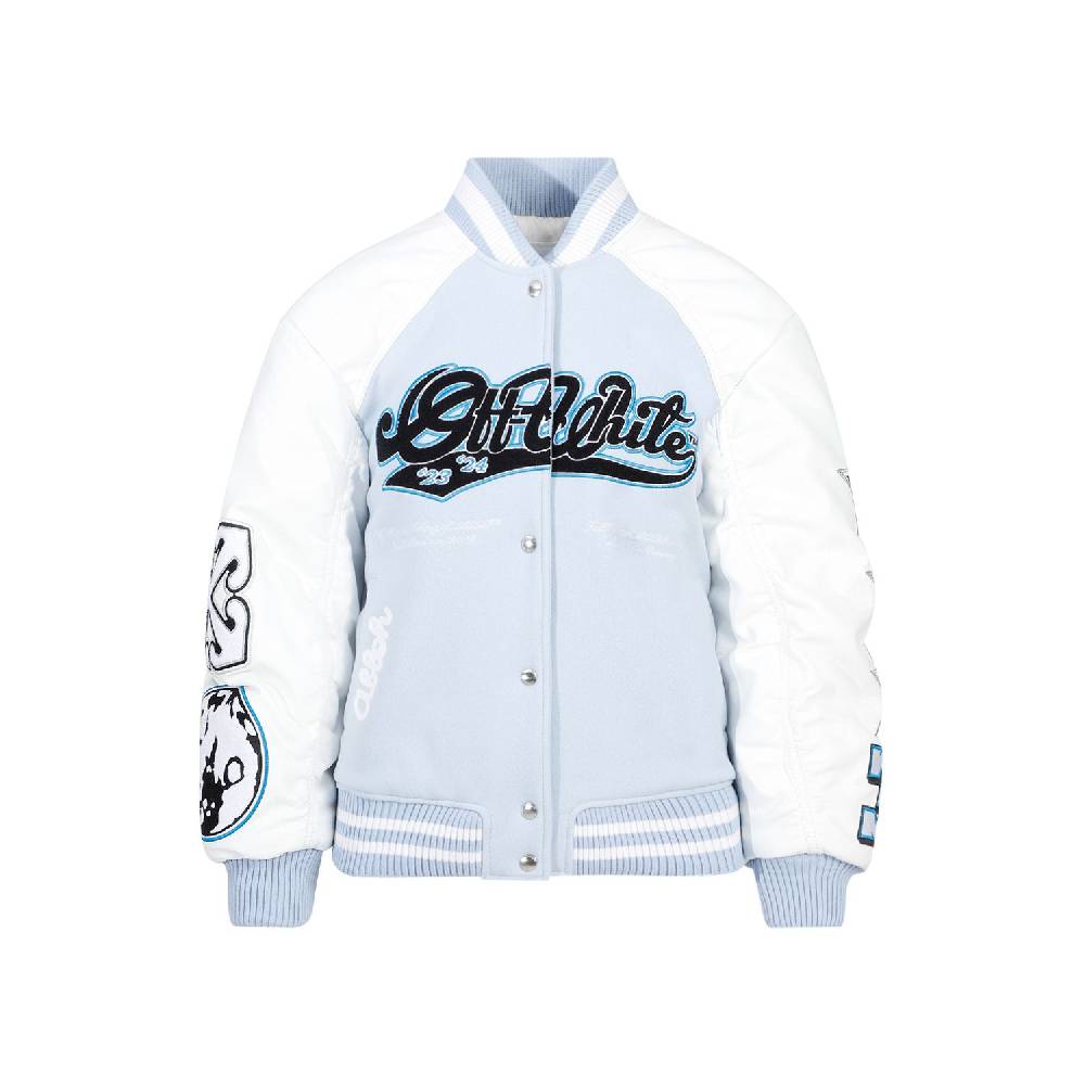 OFF-WHITE  Giacca Varsity in Pelle e Lana Blu Off-White