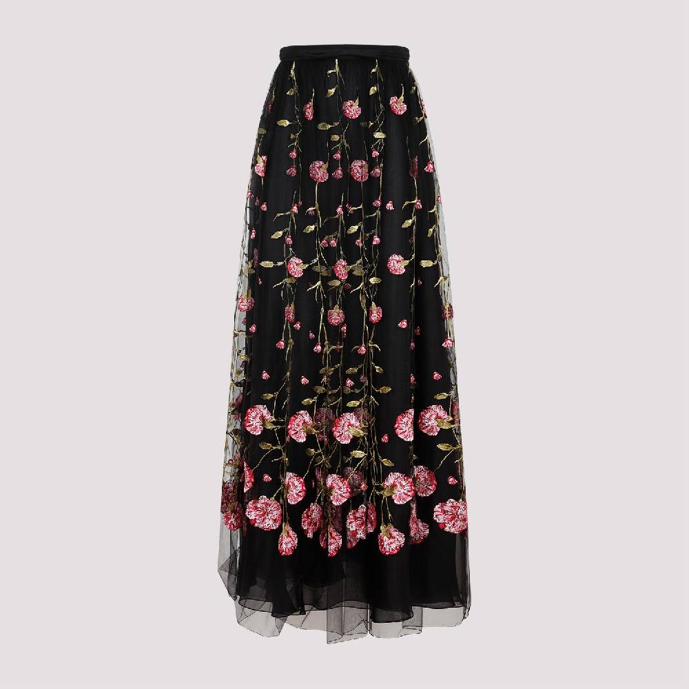 GIAMBATTISTA VALLI  Gonna Midi In Tulle Nero Ricamato Con Rose Di Giambattista Valli
