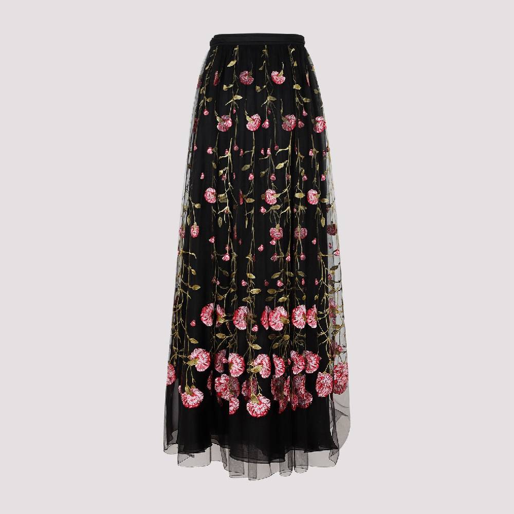 GIAMBATTISTA VALLI  Gonna Midi In Tulle Nero Ricamato Con Rose Di Giambattista Valli