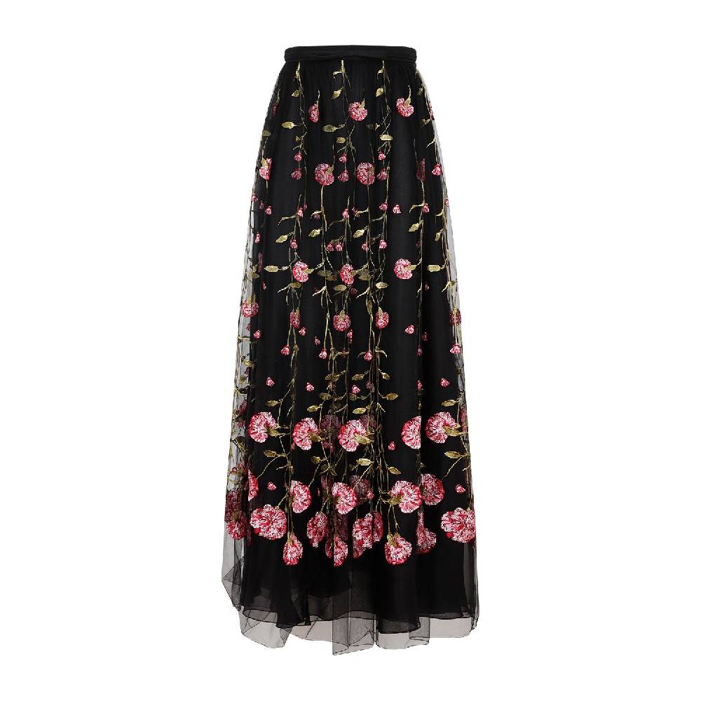 GIAMBATTISTA VALLI  Gonna Midi in Tulle Nero Ricamato con Rose di Giambattista Valli
